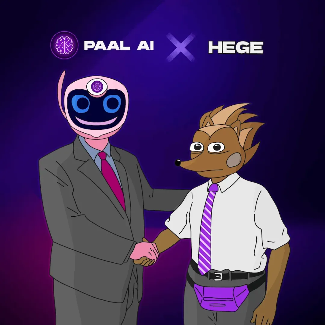 Paal AI-headed man in a grey suit to the left, shaking hands with Hege, standing to the right. Hege is dressed in white shirt, purple tie, grey pants, and is sporting a purple fanny pack.