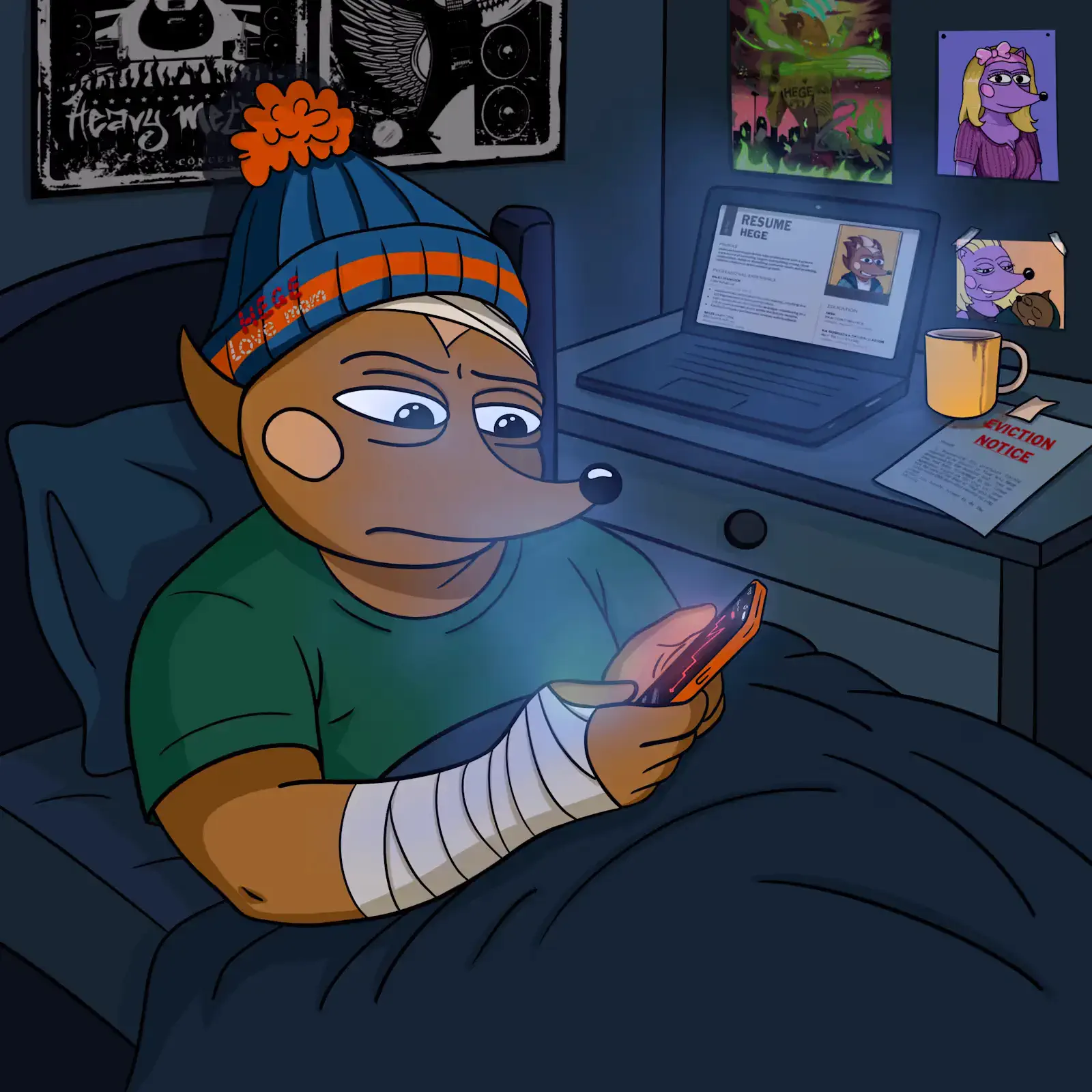 A bandaged Hege recovering in bed, doom-scrolling DEX Screener on his phone