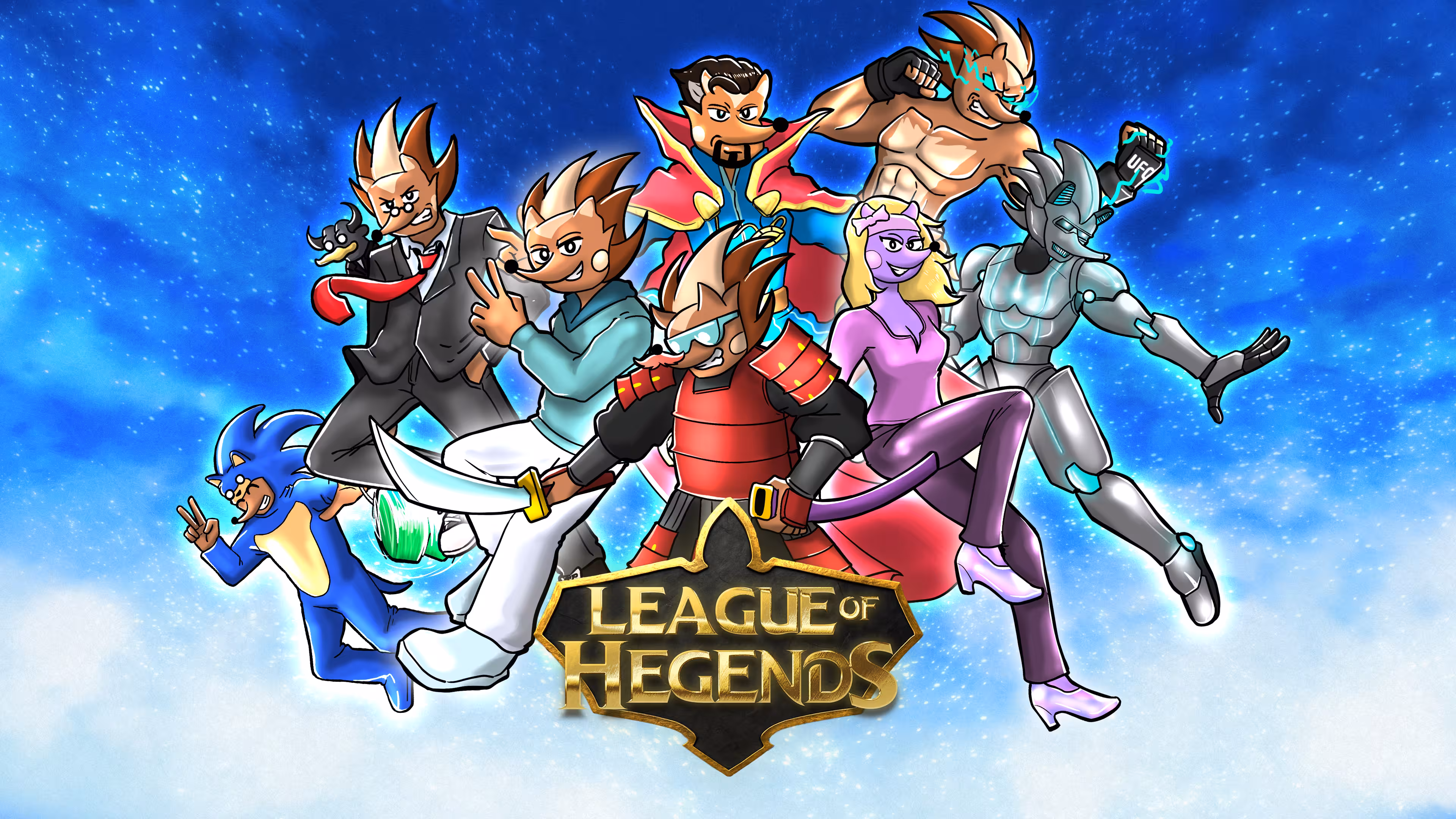 The characters in the League of Hegends all together, against a starry blue background.